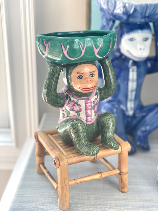 Vintage Green & Pink 8” Chinoiserie Monkey Holding Bowl - Pristine!