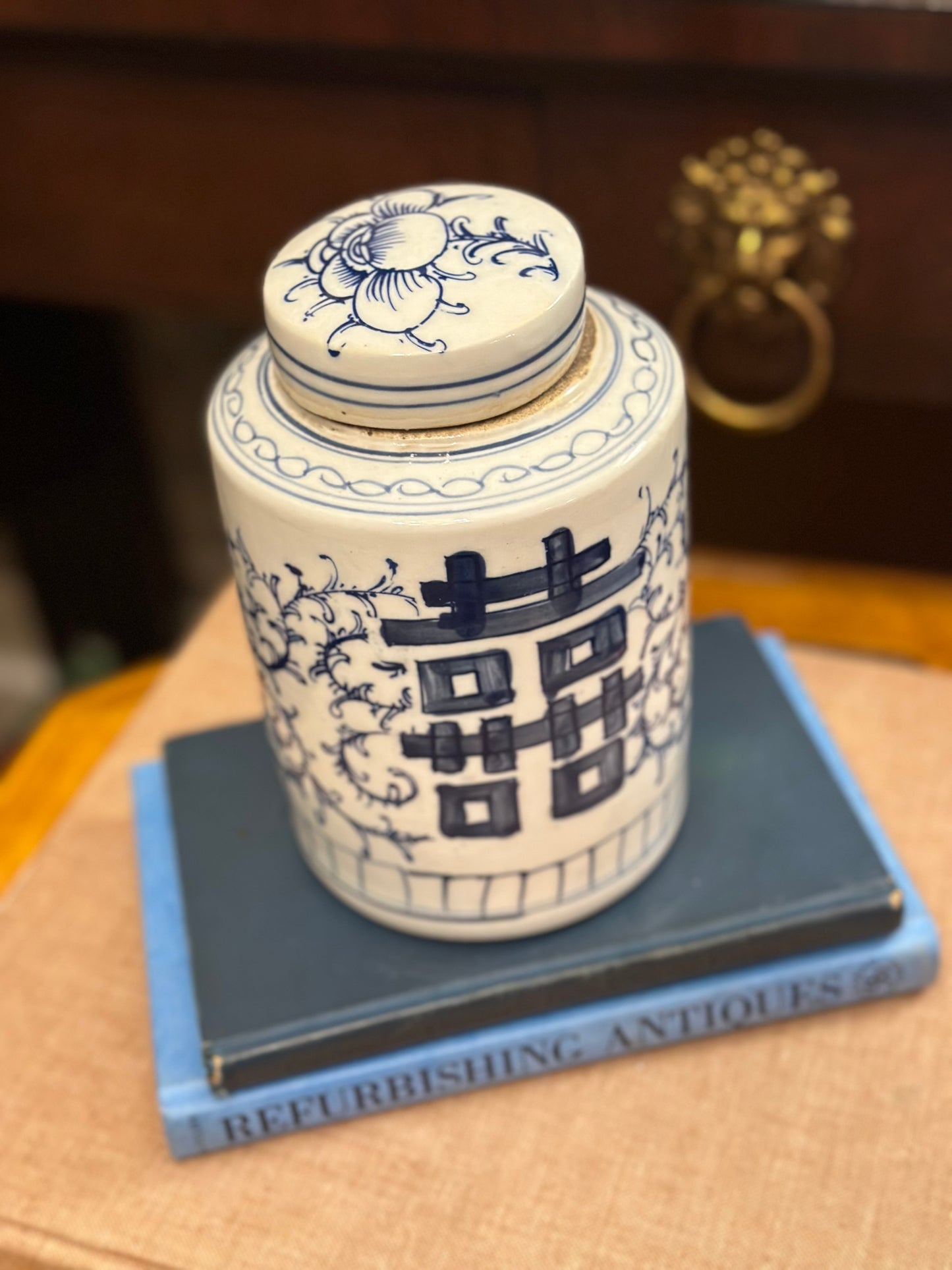 NEW - Blue & White, 7" Tall Double Happiness, Hand Painted Tea Caddy Jar