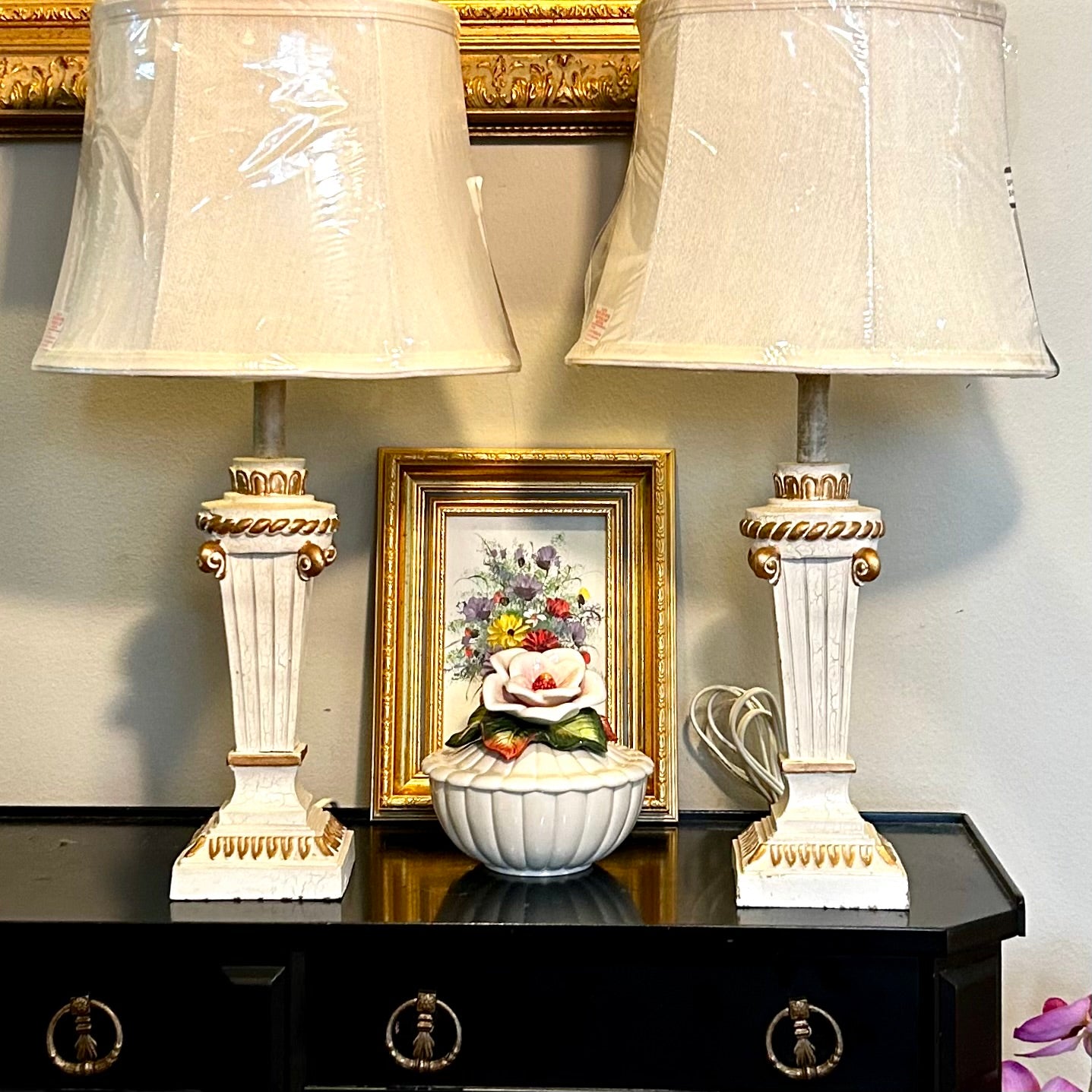 Pair older Vintage gold & ivory boudoir column  Lamps