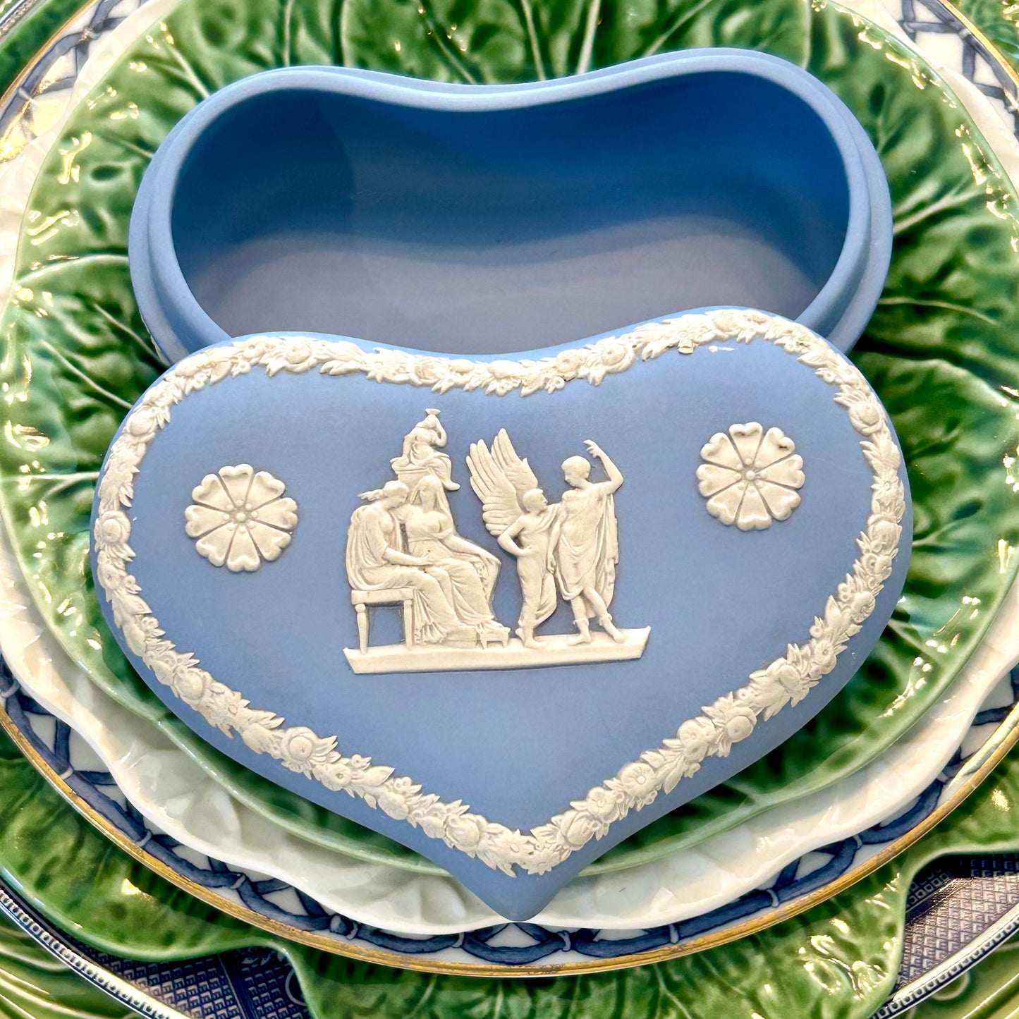Vintage designer Wedgwood of England Jasper ware larger shaped heart trinket box.