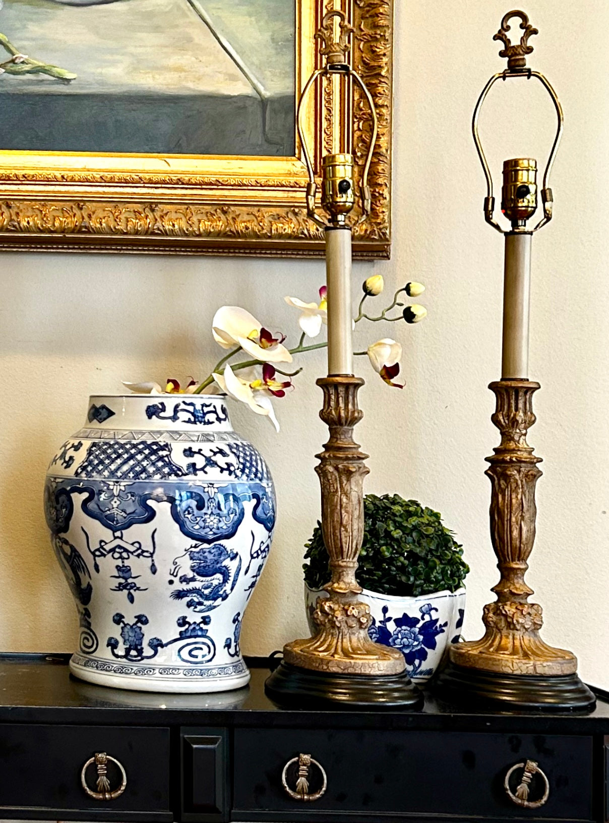 Statuesque pair of vintage gold gild Buffet lamps