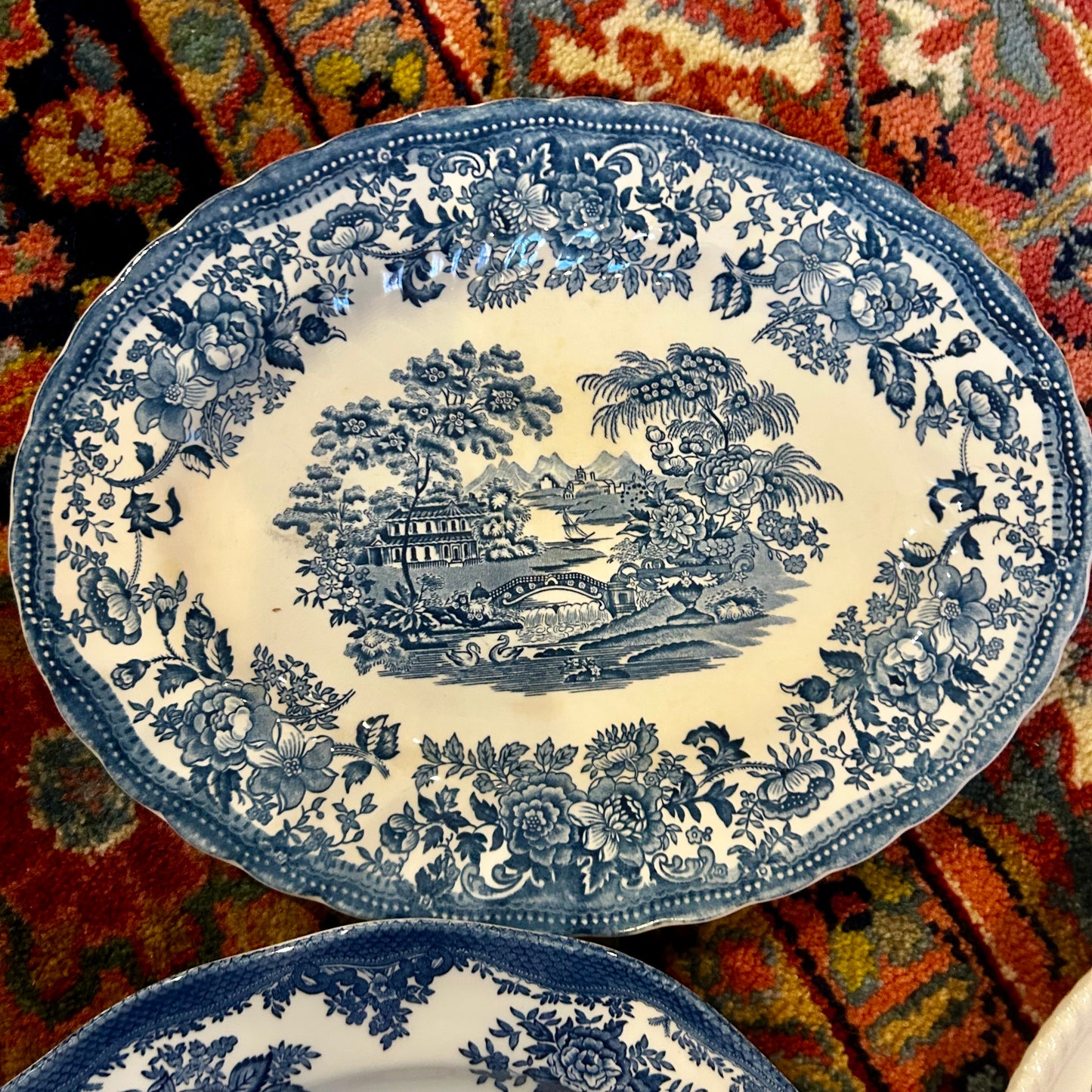 Set of 6 blue & white English oval platters plates