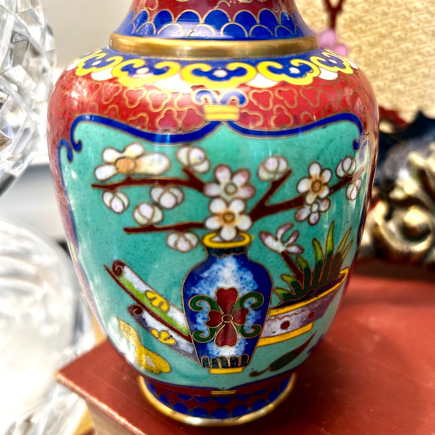 Warm vintage brass & enamel cloisonné etched vase