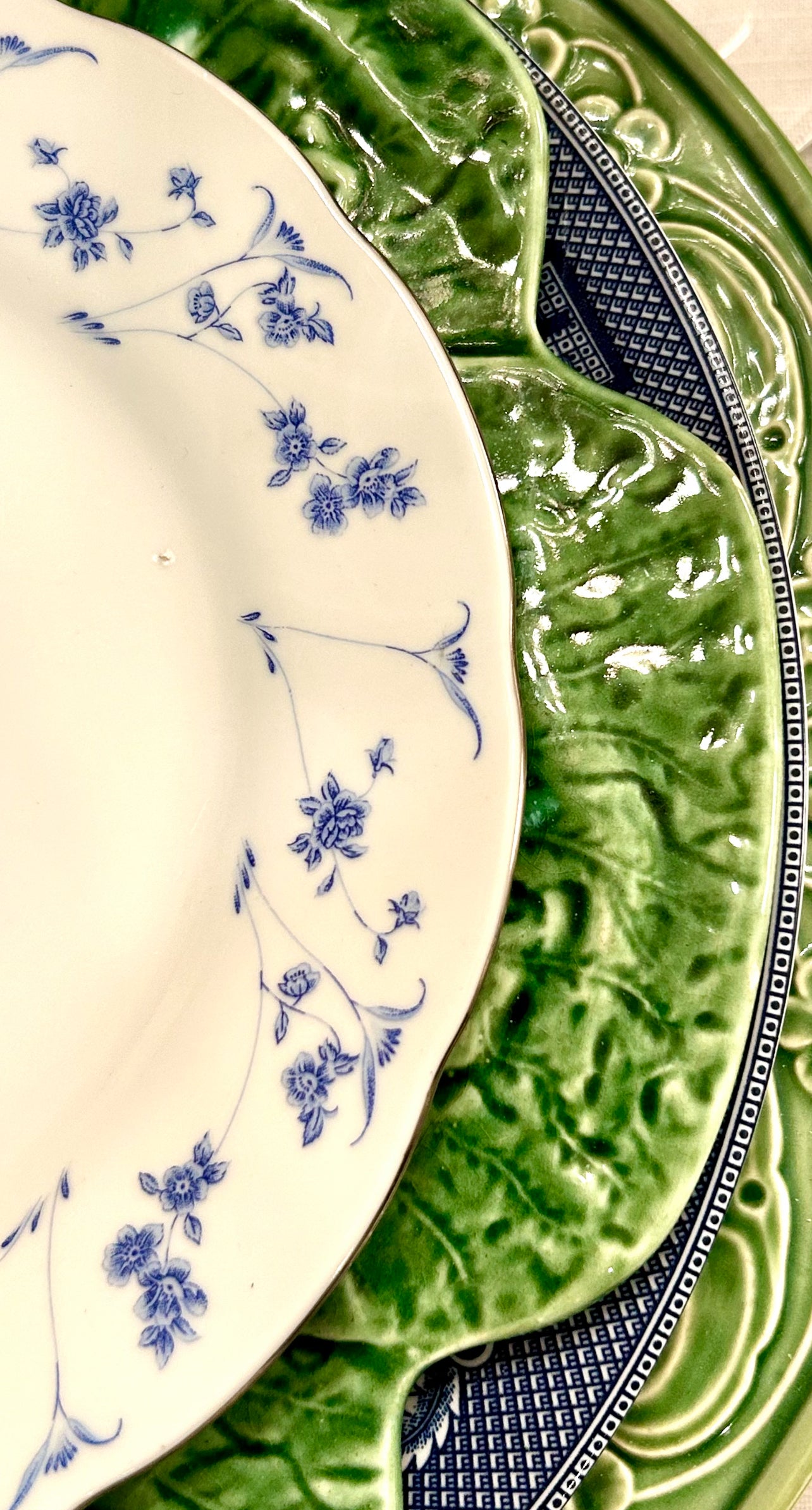 Set of 9 blue & white vintage floral porcelain dessert or salad plates.