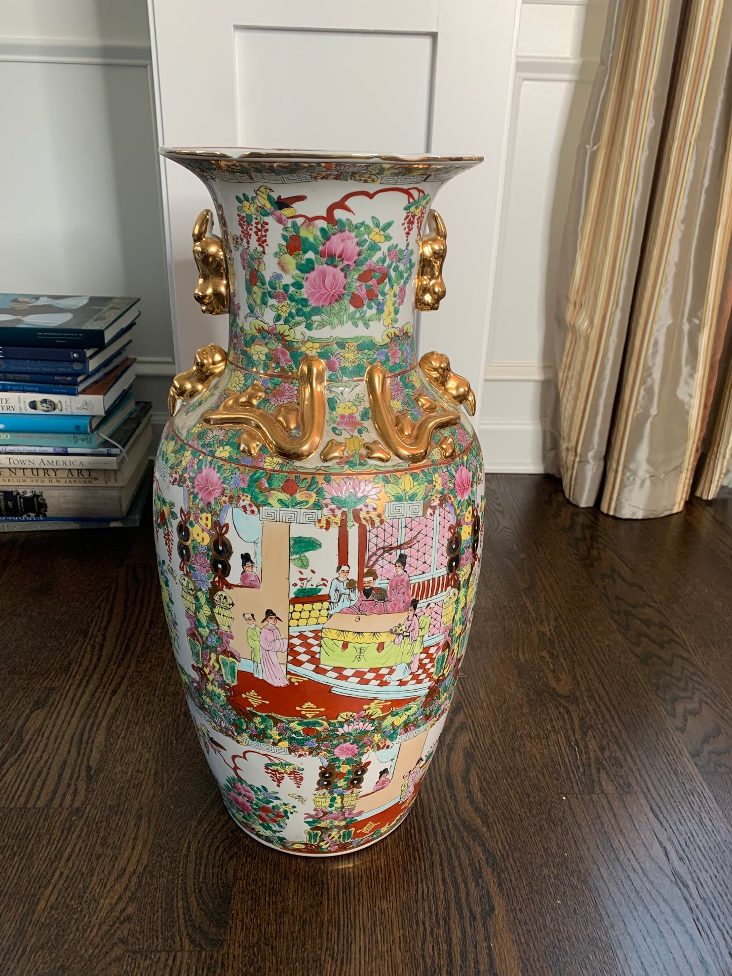 Large Rose Famille Floor Vase with gold detail