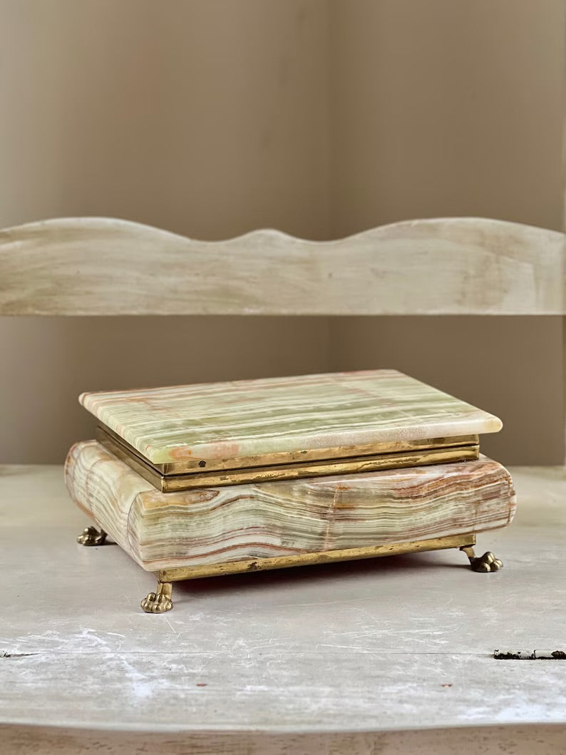 Vintage Green Onyx & Brass Jewelry Box with Red Velvet Liner and Claw Foot Detail