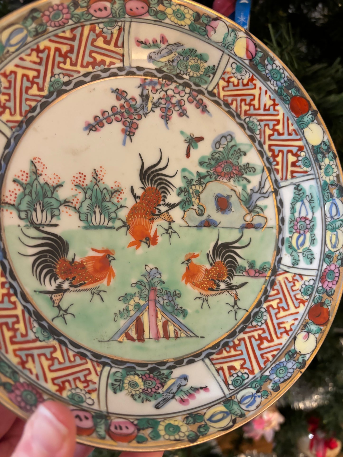 Handpainted Rose Canton Plate featuring beautiful details and roosters!