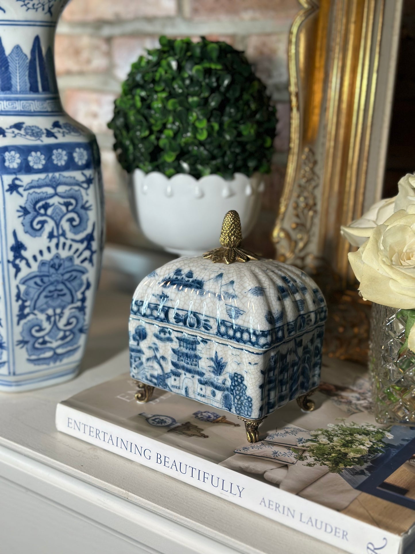 STUNNING - Blue & White Porcelain Bronze Footed Box W/ Lid