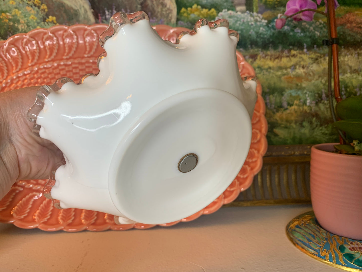 Fenton ruffled serving dish with handle! - Excellent condition!