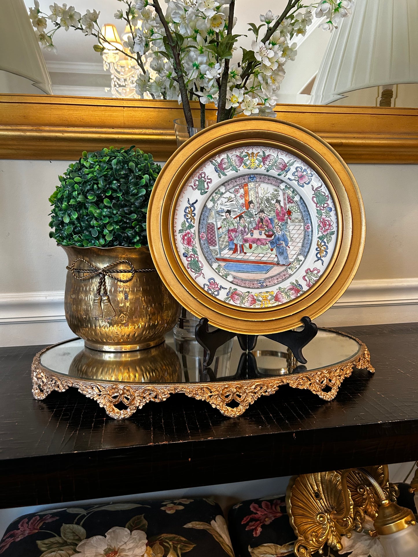 Gorgeous Framed gold wood framed rose medallion famille round dinner plate