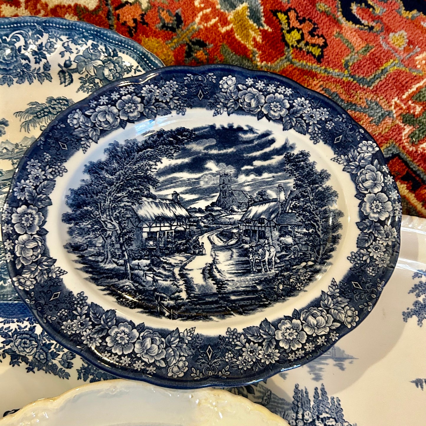 Set of 6 blue & white English oval platters plates