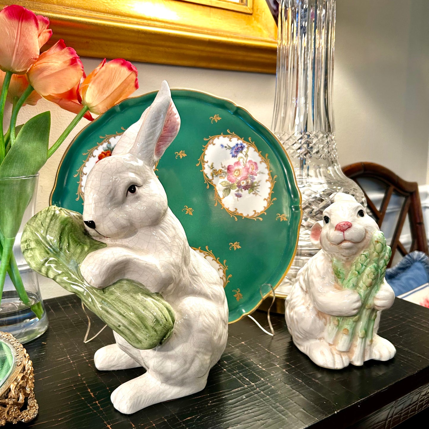 Handsome majolica inspired bunny rabbit standing 12 in tall