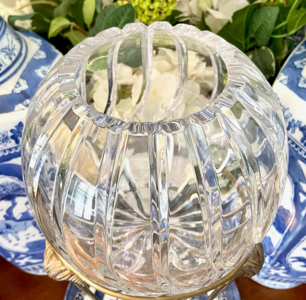 vintage statuesque brass ram head & claw leg pedestal with Crystal rose bowl vase