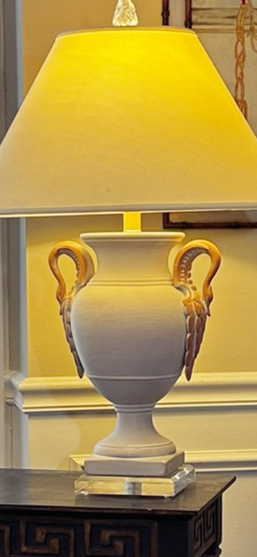 Chic & Stunning swan double handle ceramic  trophy lamp with lucite base. .