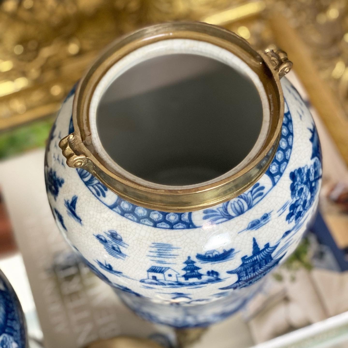 13” Tall Blue/White Porcelain Pagoda Jar W/ Bronze Lid