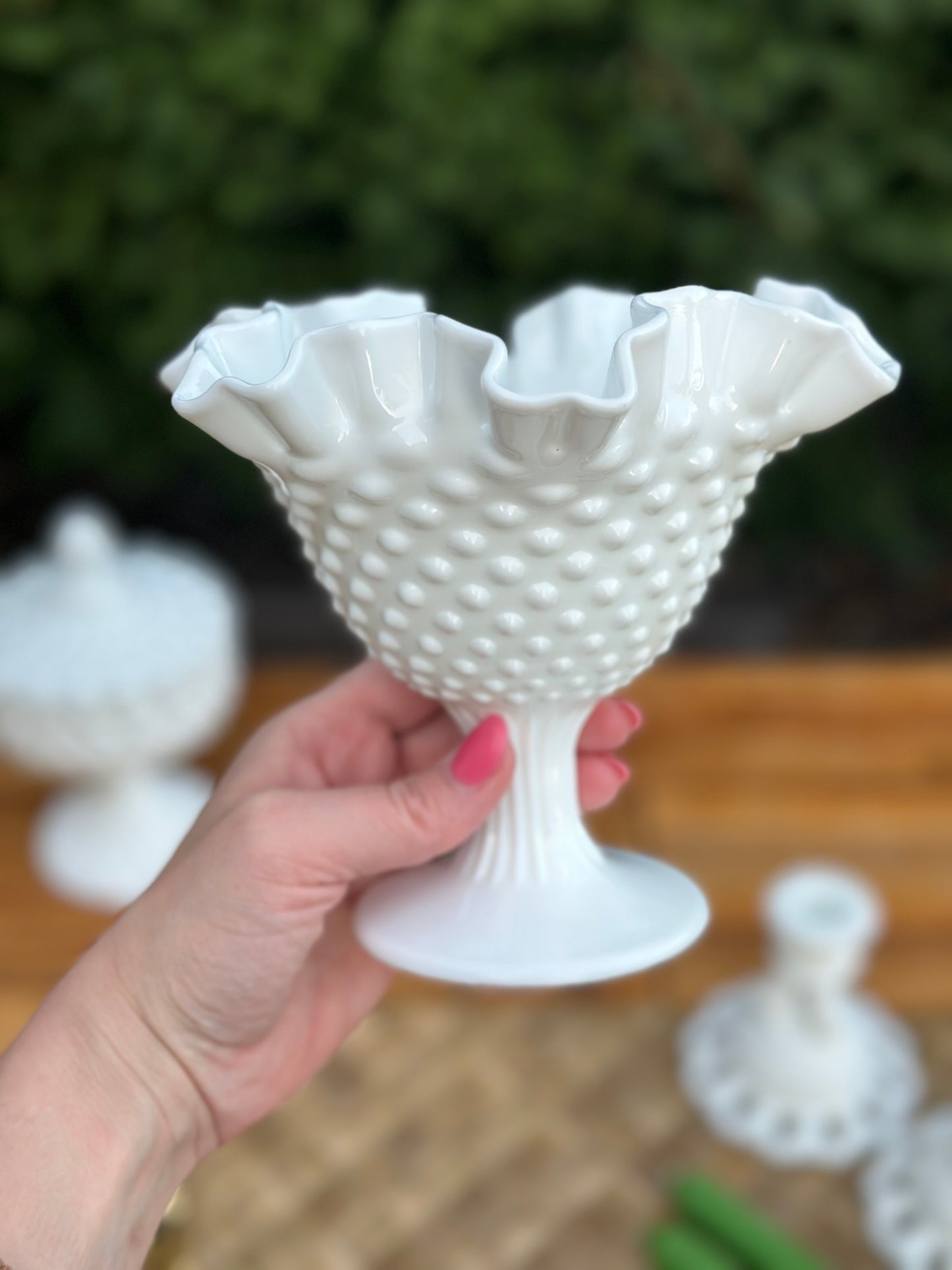 Vintage Fenton Hobnail Ruffle Glass Pedestal Dish, 6" Tall - Pristine!