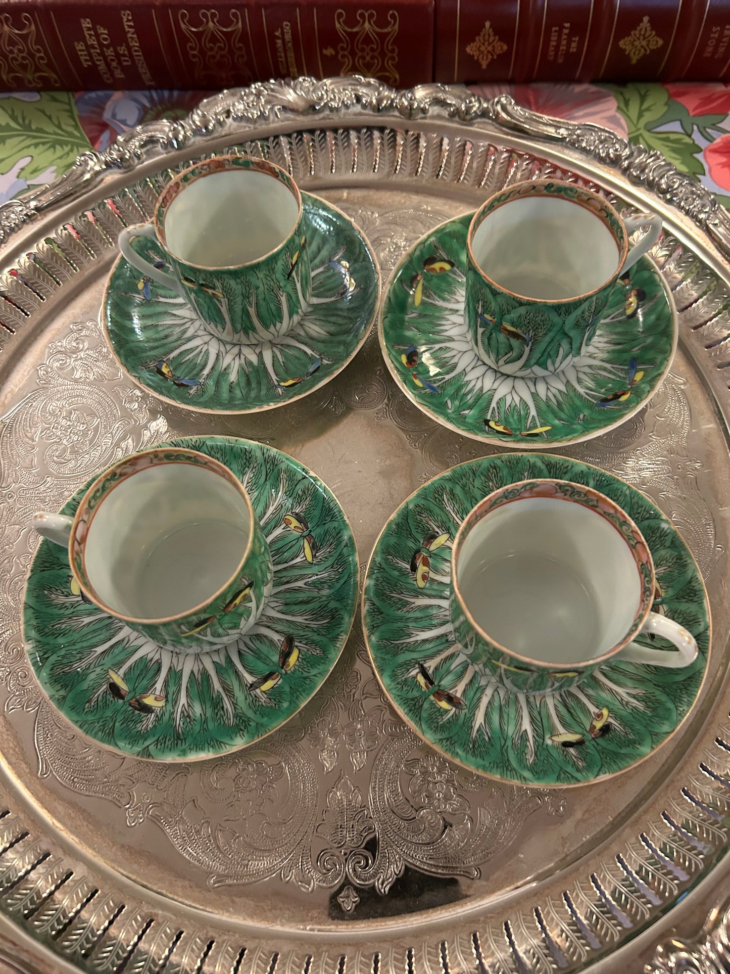 RM 11/1Antique Bok Choy Cups and Saucers 8 Sets Available will split in half