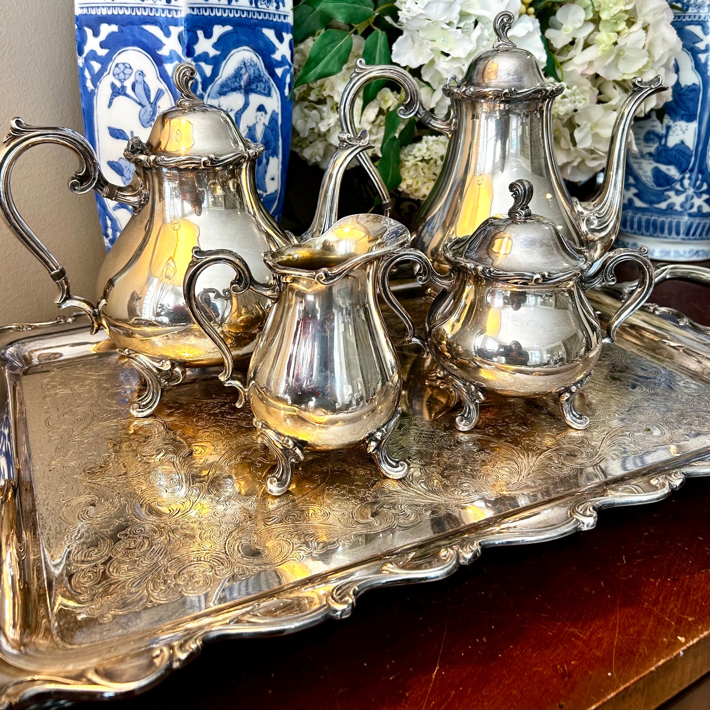 Absolutely stunning 5 piece silver plate stamped heirloom serving set by International Silver Company