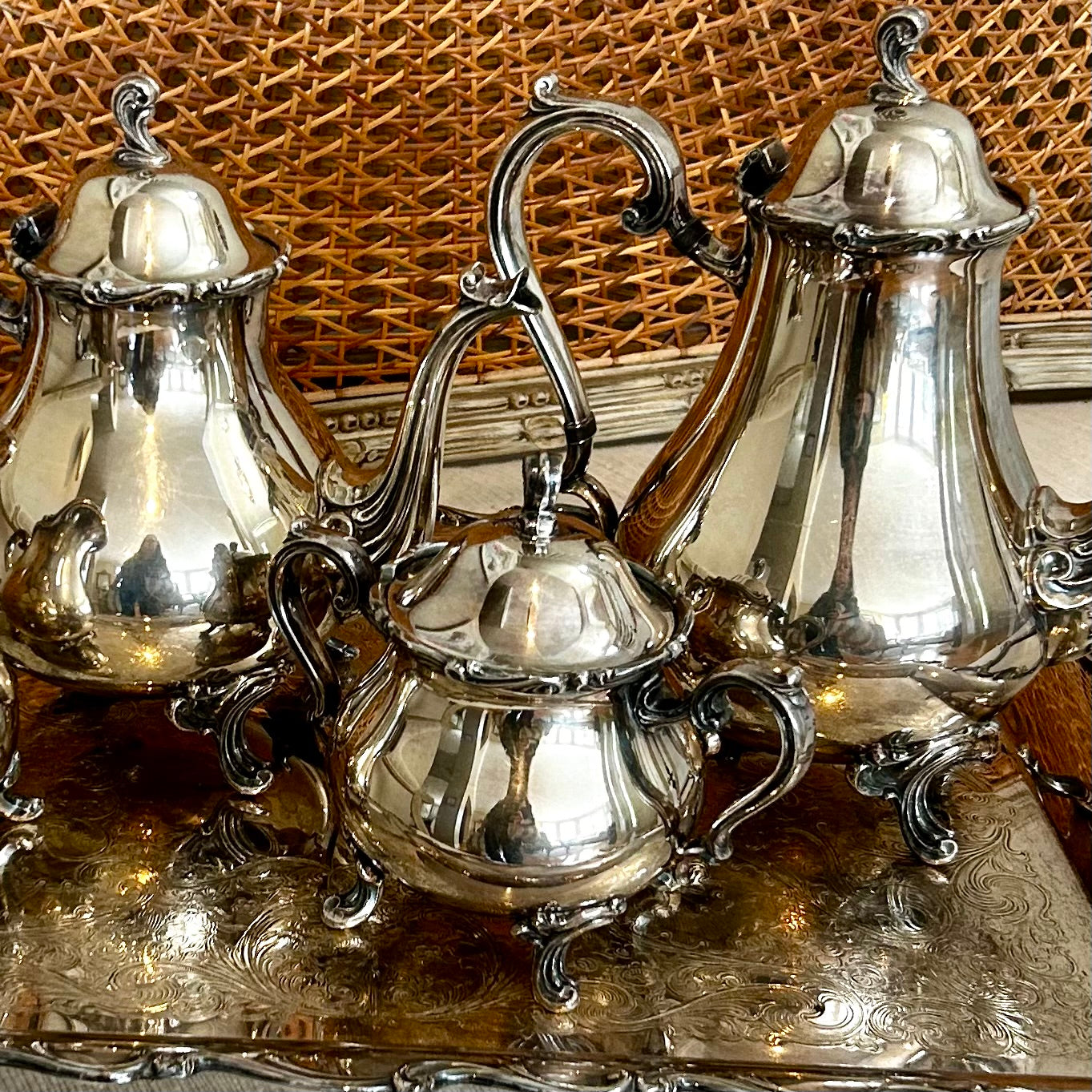 Absolutely stunning 5 piece silver plate stamped heirloom serving set by International Silver Company