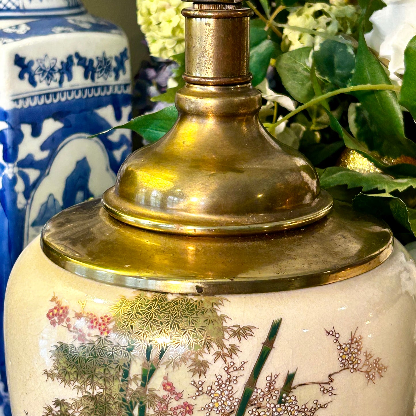 Delightful Pair of vintage chinoiserie botanical ginger jar lamps