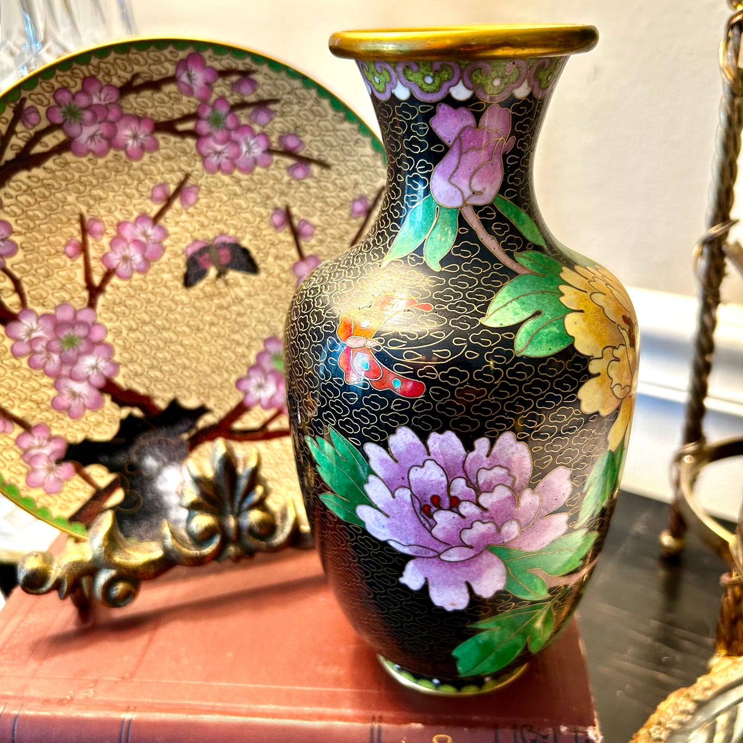 Vivid vintage brass & enamel cloisonné etched vase