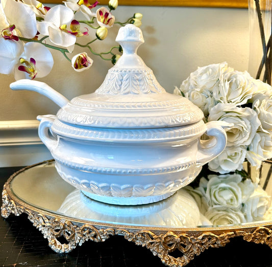 Designer vintage chic white 3 piece tureen planter made in Portugal