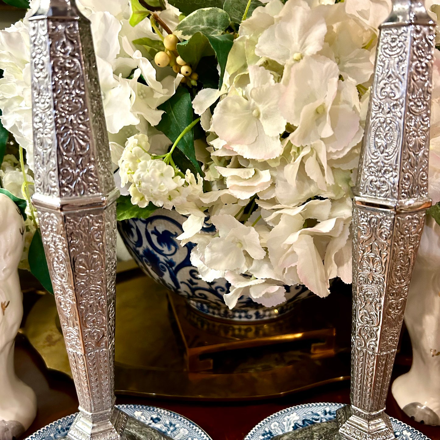 Statuesque pair vintage silver plate stamped candlestick holders 14 in