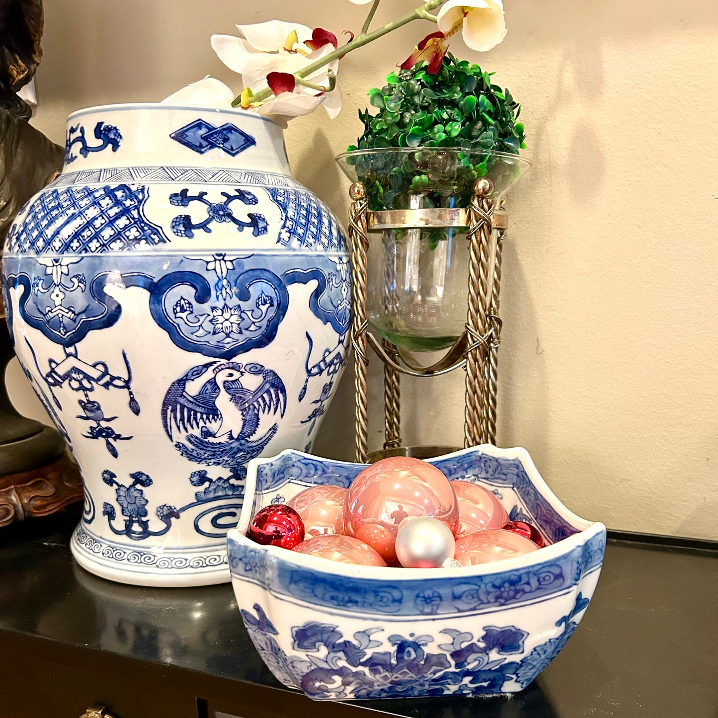 Chic vintage blue & white octagon planter centerpiece bowl