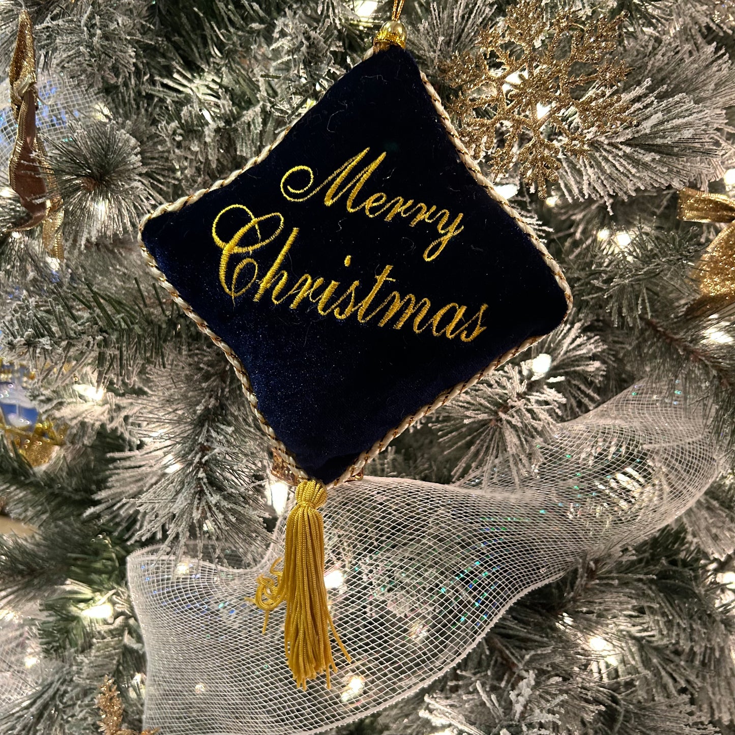 Bold  blue & gold Seasons greetings Christmas tassel door hanger, or ornament