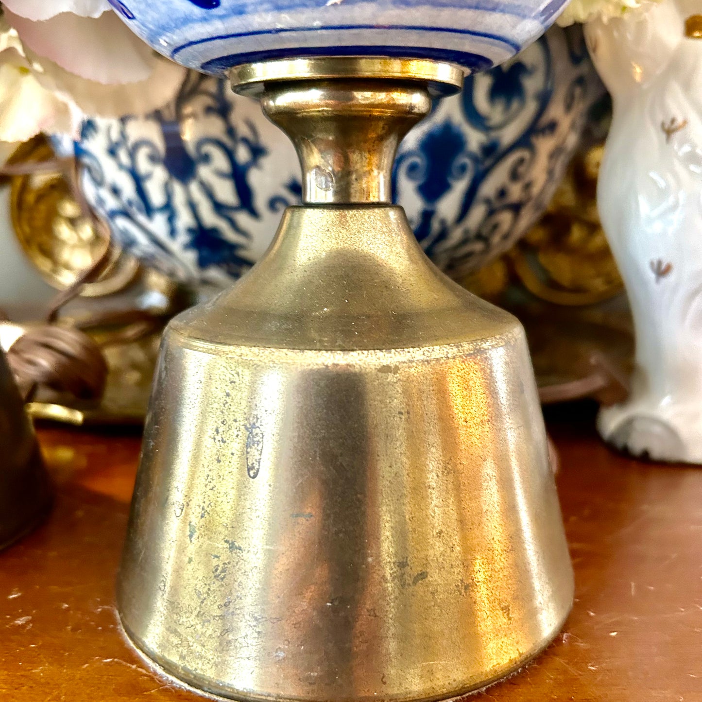 Pair older Vintage brass  blue and white porcelain Lamps