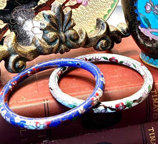 Set of 2 bangle bracelets vintage brass & enamel cloisonné