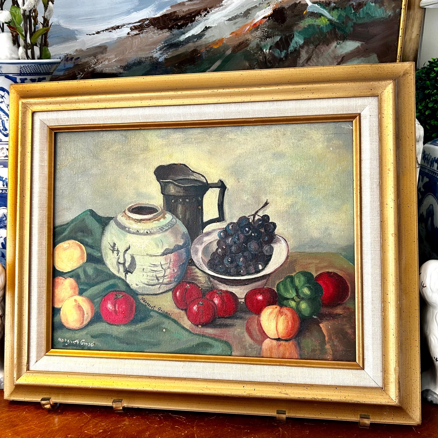 Marvelous mid century original oil still life painting, Blue & white ginger jar, Measures: 19 x 16