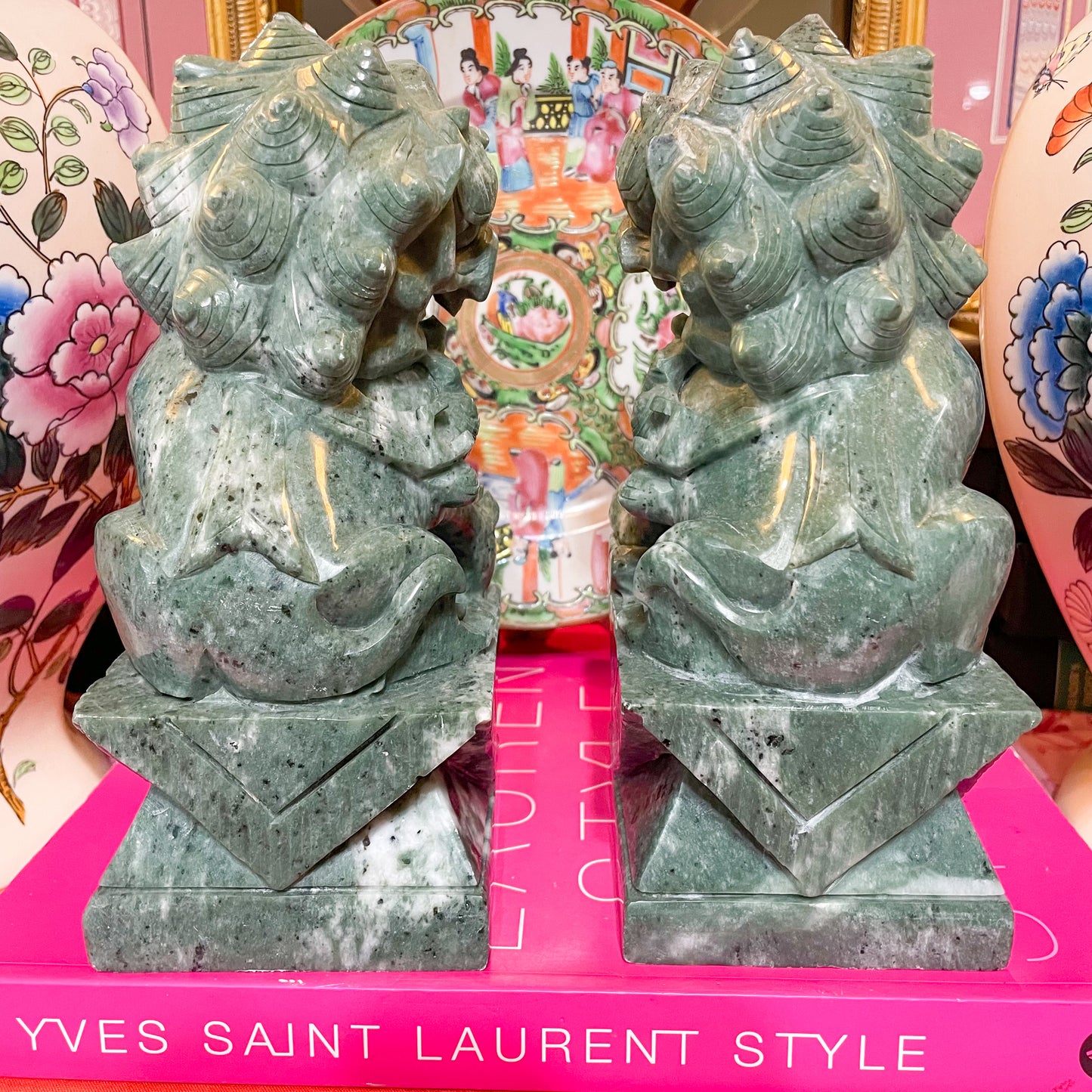 Fine Pair of Carved Green Marble Foo Dogs 8”