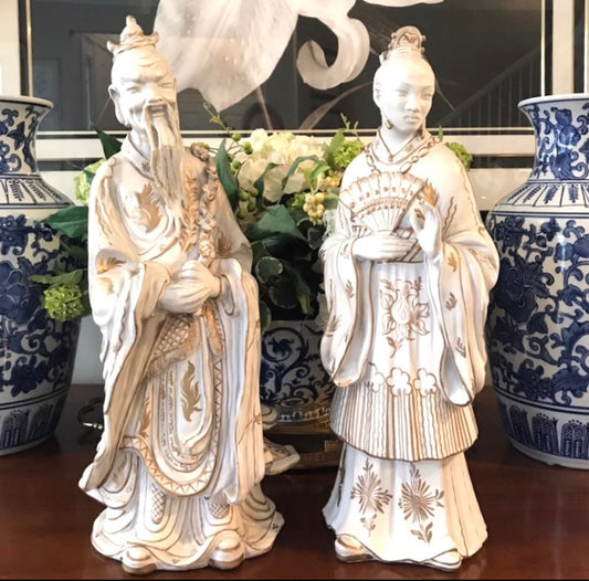 Pair of Vintage statuesque Empress & Empiror Chinoiserie statues