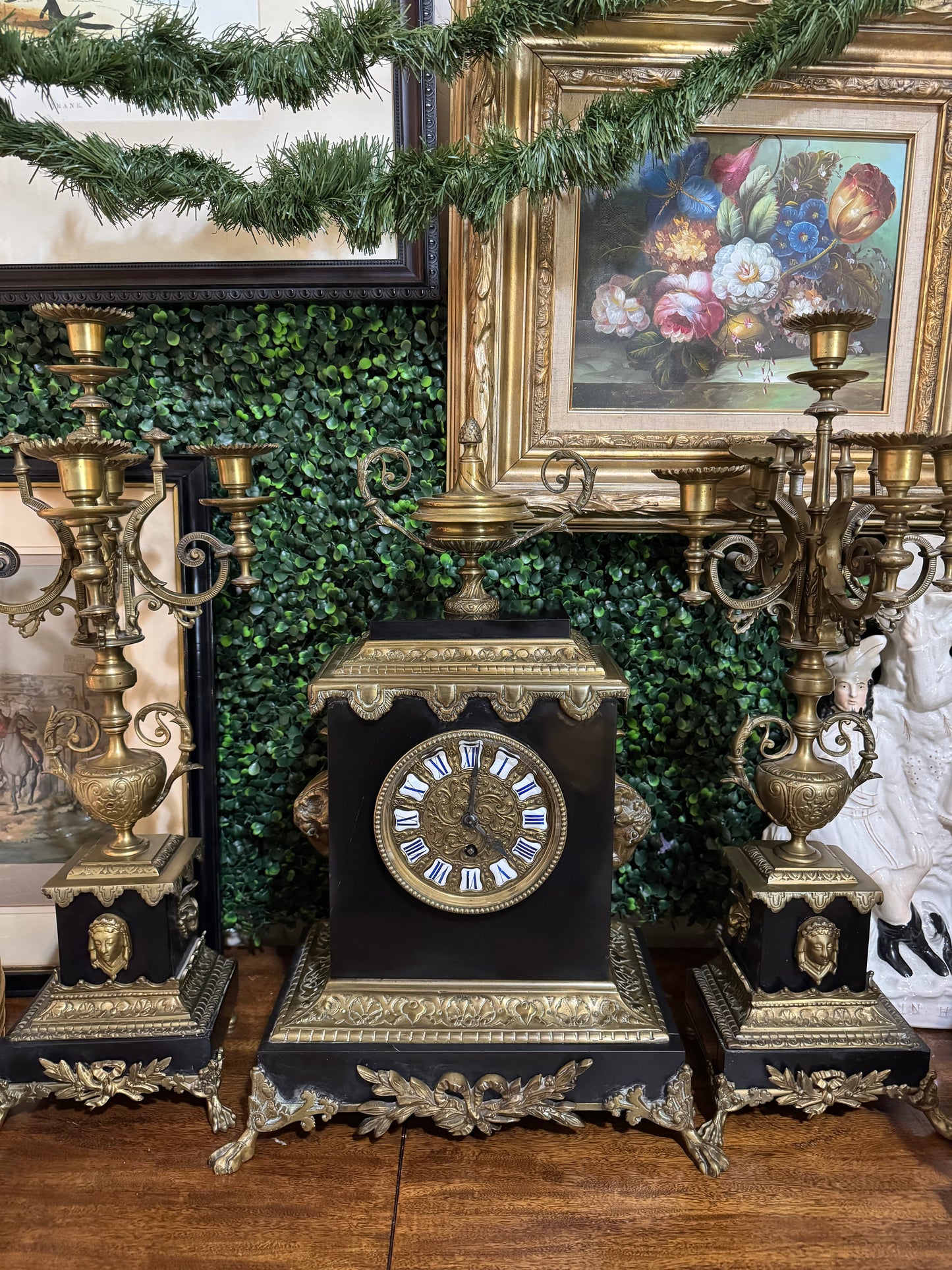 Incredible 3 Piece 19th c. Bronze Mantle Clock and Garnitures 5 Arm Candelabras