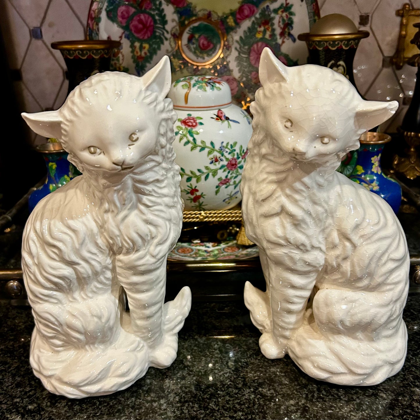 Pair of statuesque Staffordshire style kitty cats 9.5 hi