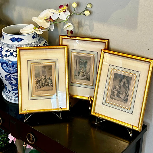 Trio set of 3 delightful vintage custom framed color lithograph prints