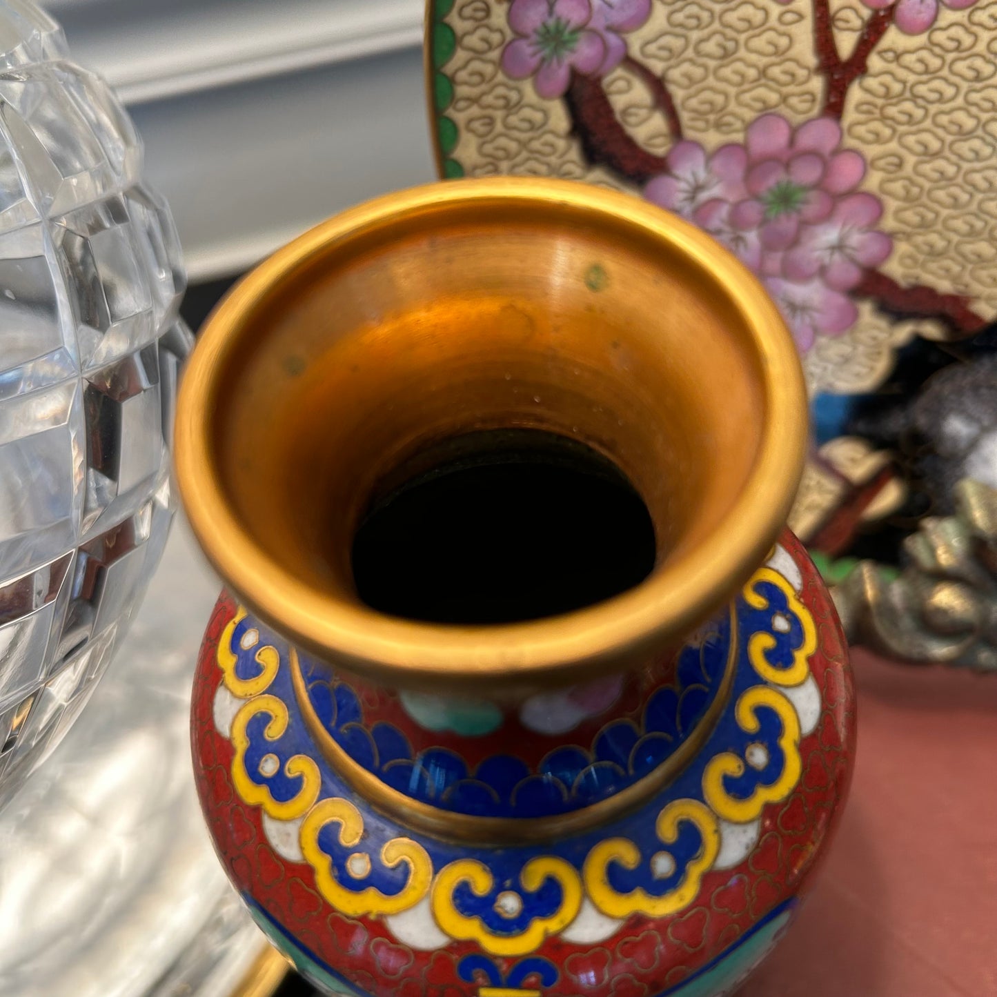 Warm vintage brass & enamel cloisonné etched vase