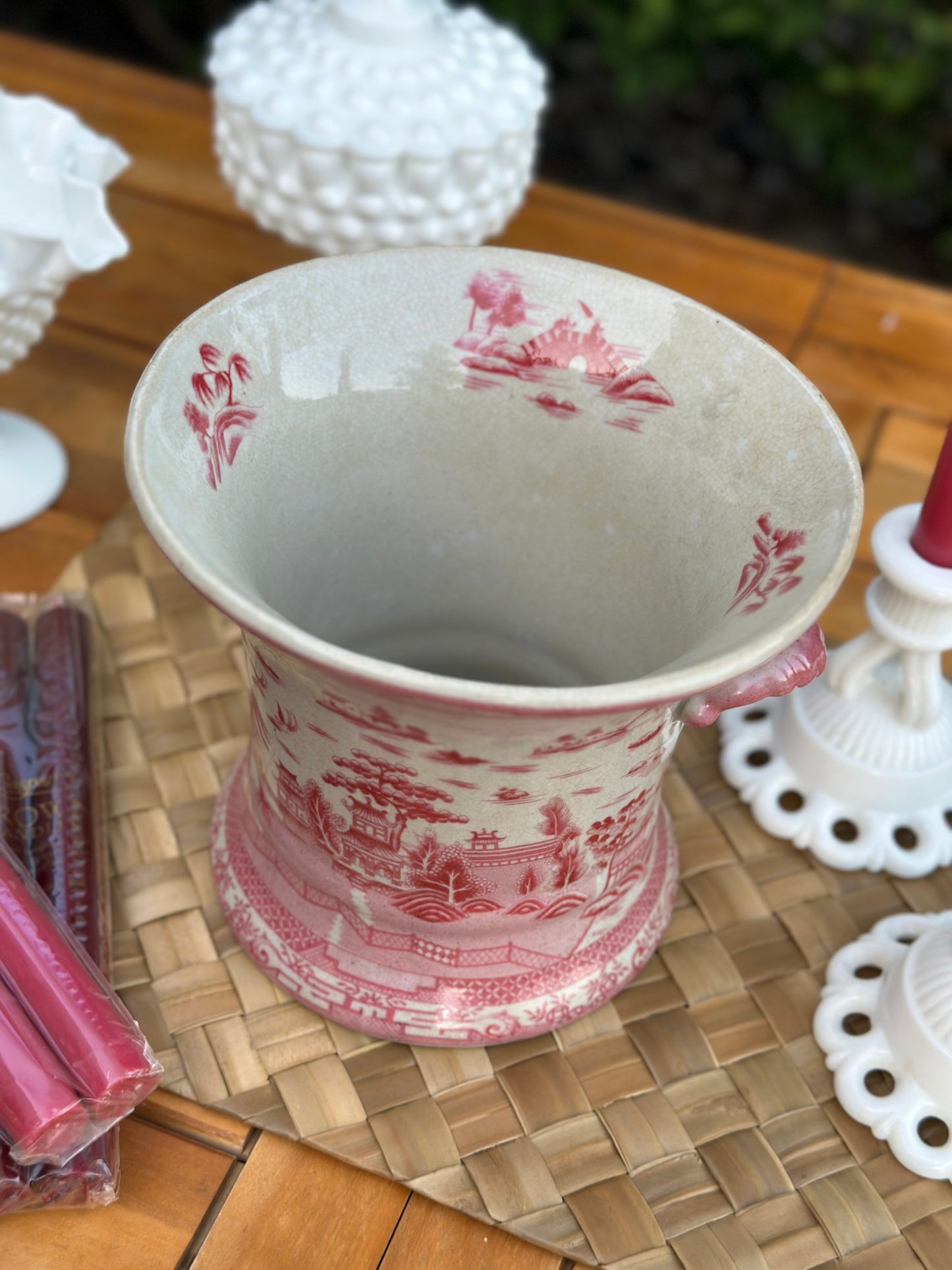 NEW Pink/White Pagoda Porcelain Jardinière Planter, 7" Tall, 8"D - Pristine!