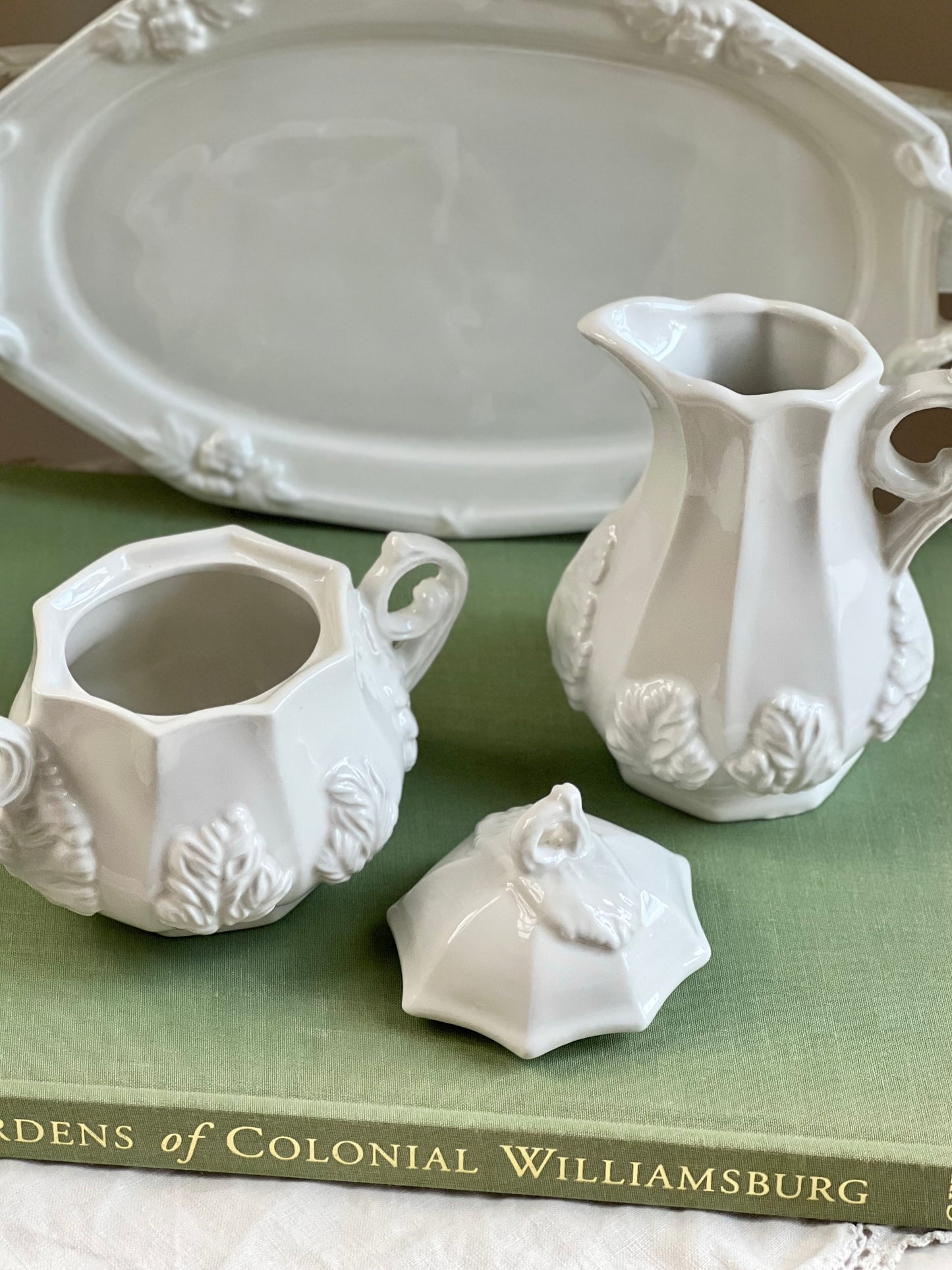 Beautiful Vintage Ironstone Creamer & Sugar Set with Tray