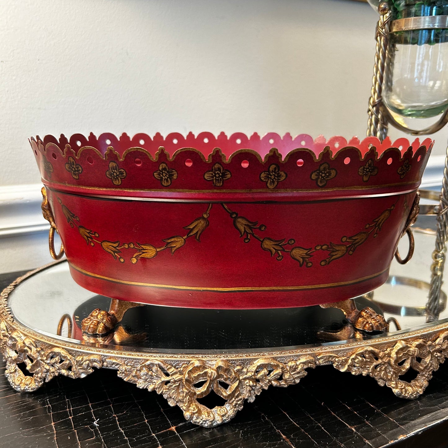 Gorgeous rich red and gold Chippendale claw leg tole metal planter