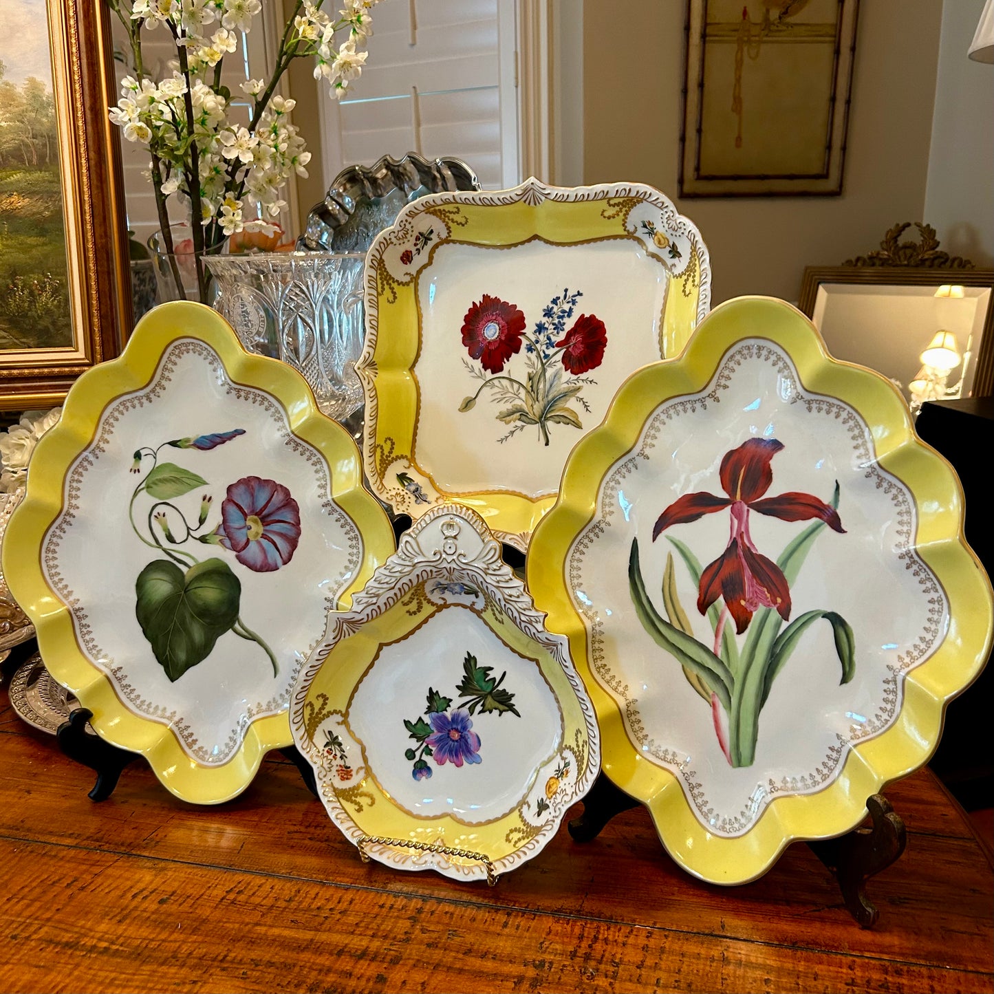 Set of two stunning designer Chelsea House hand painted porcelain botanicals diamond platters