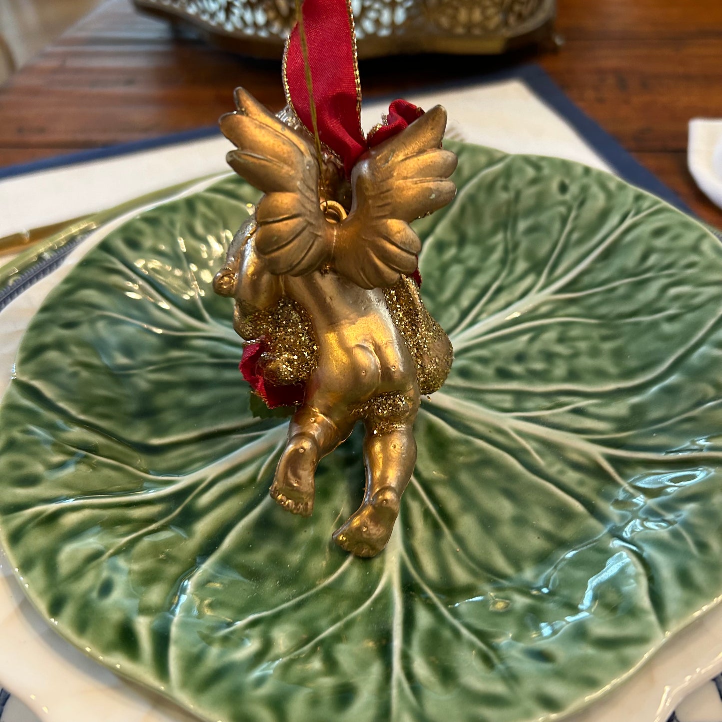 Delightful gold cherub & rose holiday Christmas ornaments, 4 Tall