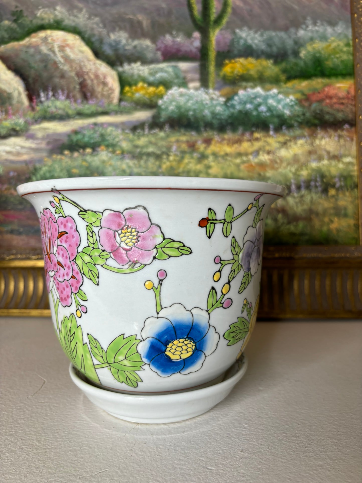 Beautiful Chinoiserie floral planter with drainage hole and under plate!