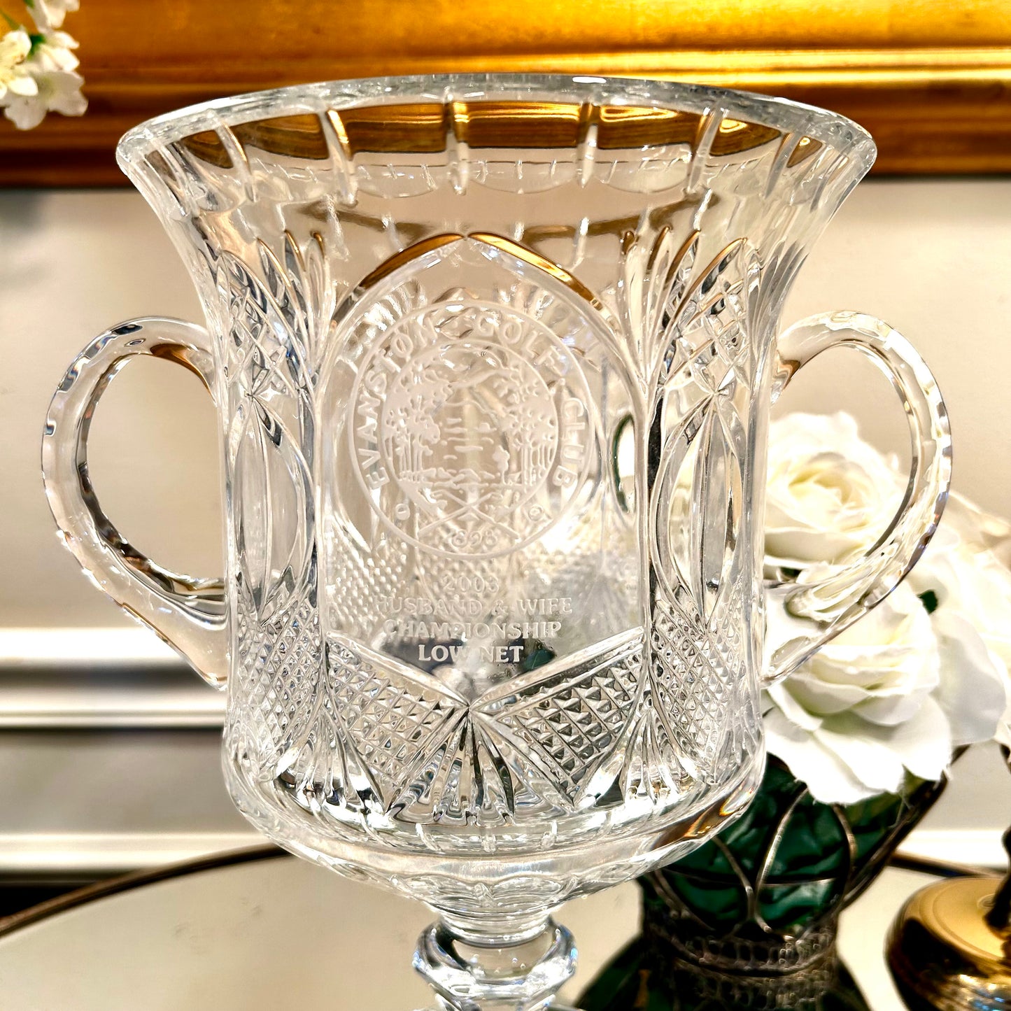 Stunning vintage crystal double handle monogrammed trophy vase champagne bucket