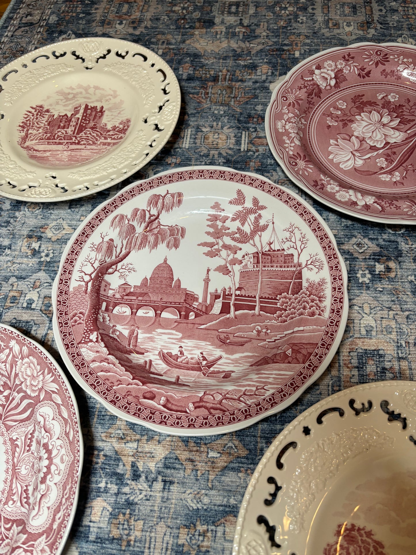 Set of 5 Red Transferware Plates - Excellent condition!