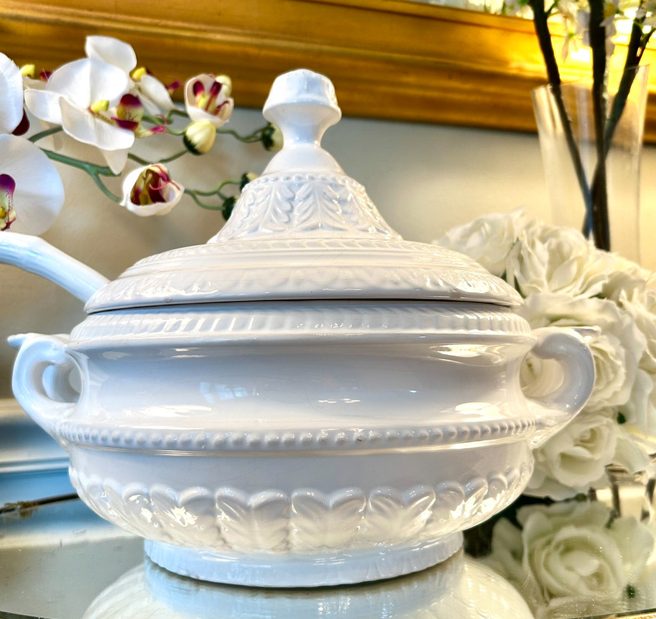 Designer vintage chic white 3 piece tureen planter made in Portugal