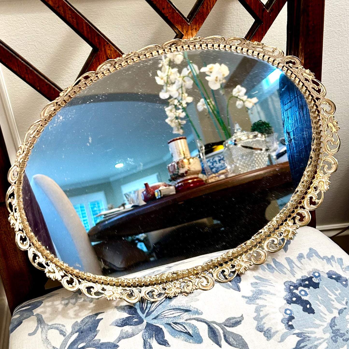 Gorgeous vintage oval brass mirrored tray