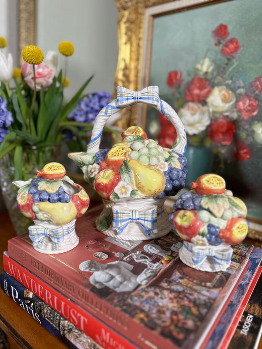 Vintage Fitz and Floyd "Summer Fruit Basket" Teapot, Creamer and Sugar Set, Circa 1997