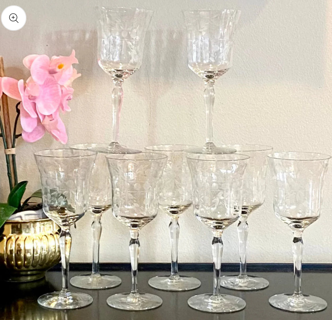 Set of 8 sparkling vintage etched crystal wine glasses stem ware.